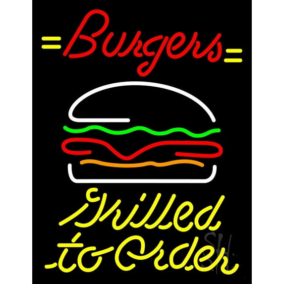 Burgers Grilled Toorder LED Neon Sign 24 x 31 - inches, Black Square Cut Acrylic Backing, with Dimmer - Bright and Premium built indoor LED Neon Sign for restaurant window and interior decor.