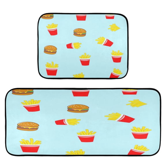 Burgers and Fries 2-Piece Kitchen Carpet Mat Set, Non-Slip Memory Foam, Soft for Kitchen and Living Room Use