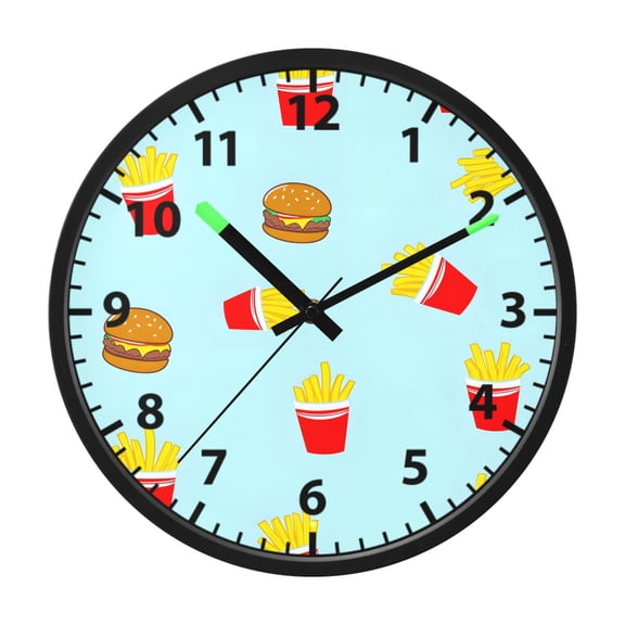 Burgers and Fries Wall Clock 12 Inch Voice Activated Night Light Silent Non Ticking