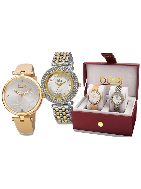 BUR152YG Swiss Quartz Diamond Markers Crystal Accented Womens Watch Set
