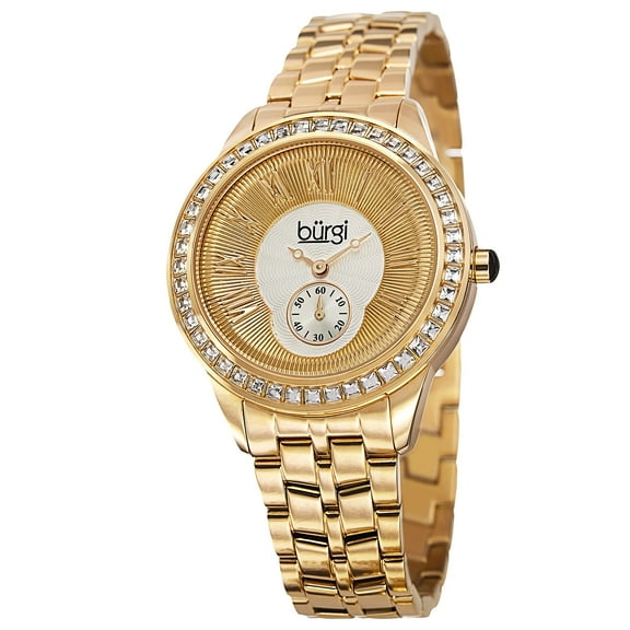 Burgi Women's Swiss Quartz Crystal Bezel Stainless Steel Gold-Tone Bracelet Watch