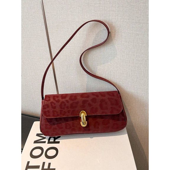 Burgundy-2 Leopard-Print Faux Suede Underarm Shoulder Bag With Gold-Tone