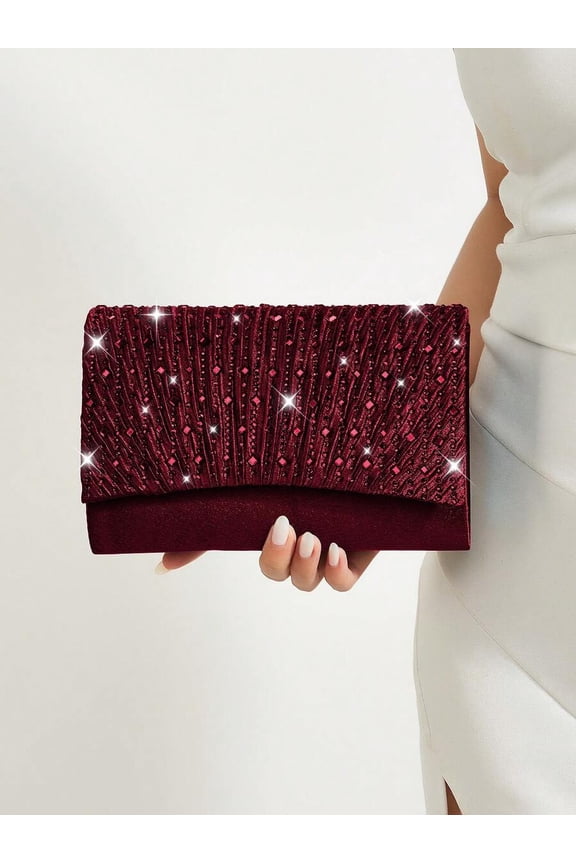 Burgundy-2 Rhinestone Pleated Velvet Clutch Evening Handbag With Magnetic