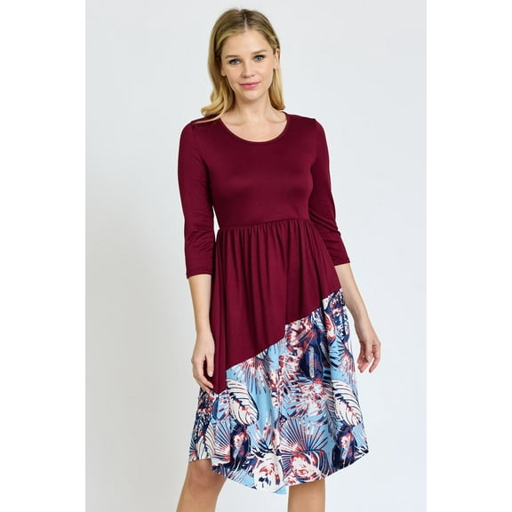 Burgundy 3/4 Sleeve Asymmetric Leaves Print Curved Hem Midi Dress | S-3X