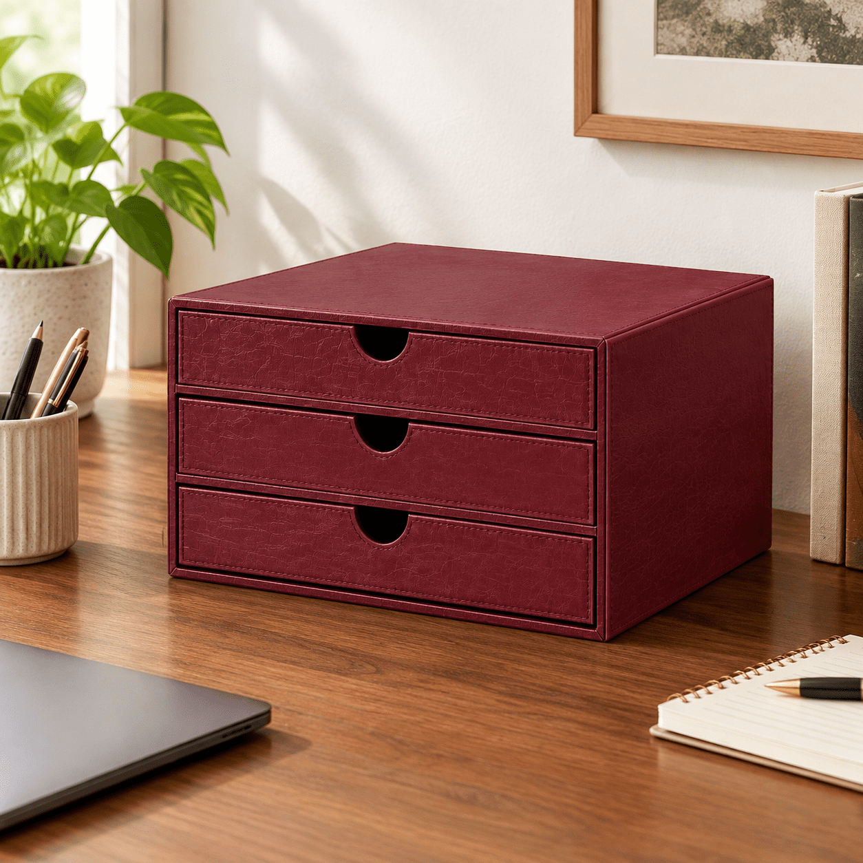 Burgundy 3-Drawer Organizer Desktop File Cabinet for Office and Home ...