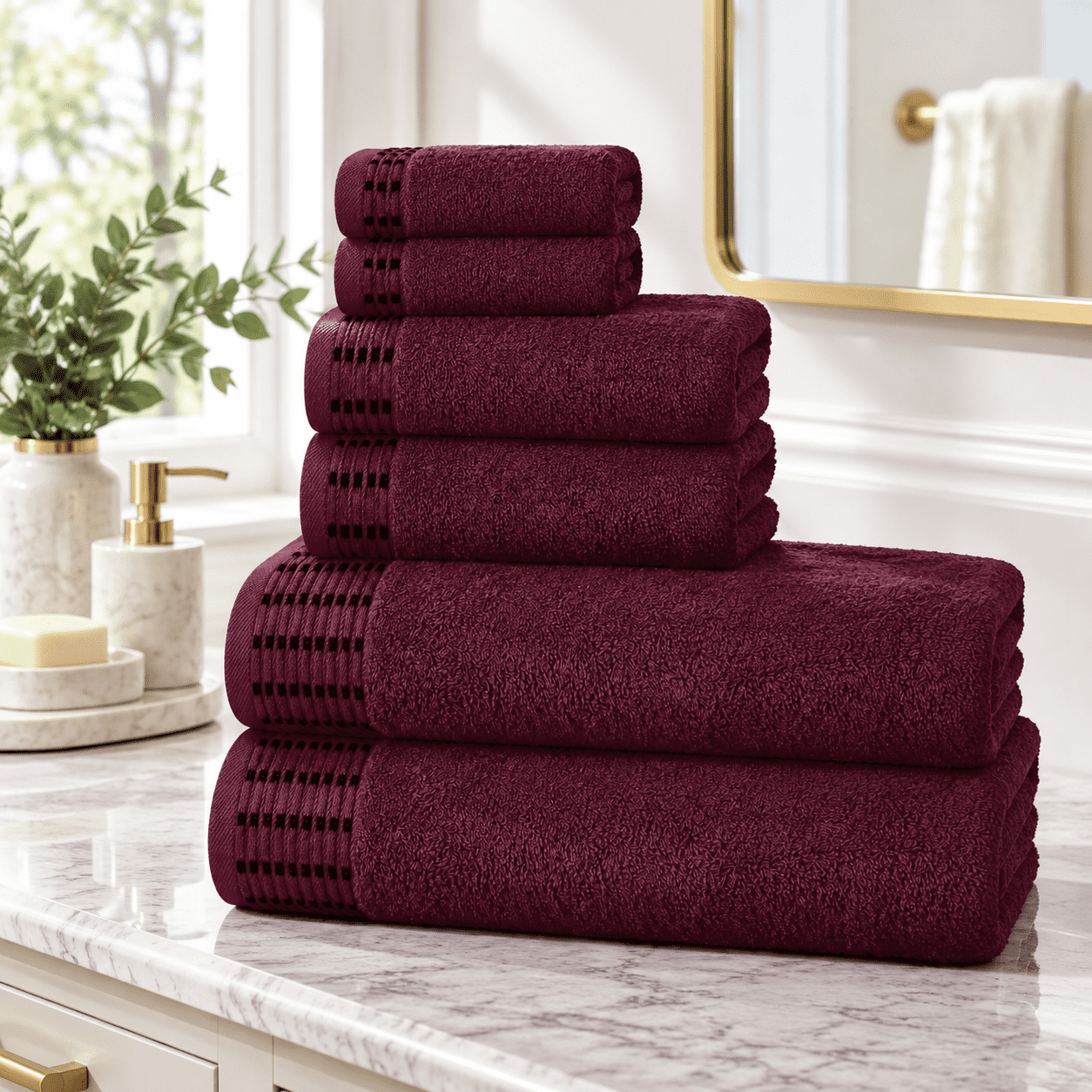 Burgundy 6 Pack Set Ultra Soft Cotton Towel Set with Bath, Hand, and ...