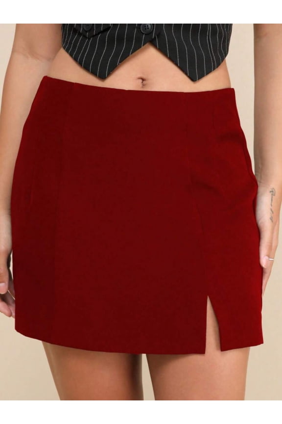 Burgundy A-Line Mini Skirt High Waisted Side Slit Casual Womens Skirt