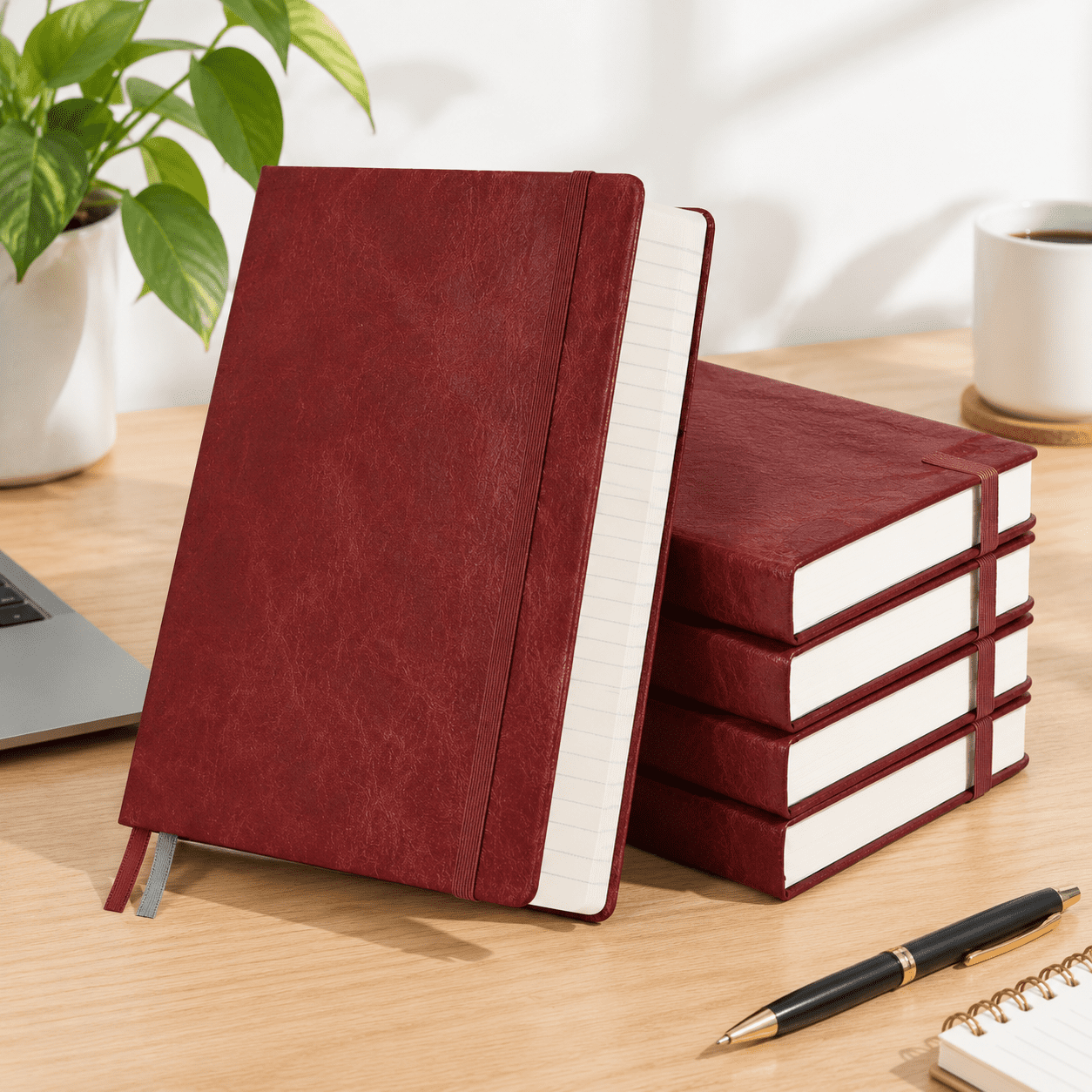 Burgundy A5-Ruled Hardcover Vegan Leather Notebook Bulk 5-Pack ...