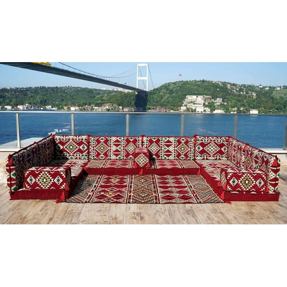 Burgundy Arabic Floor Seating, Arabic Majlis, Floor Cushion Seating for Adults, Futon Sofa Bed, Sleeper Sofa Bed for Living Rooms
