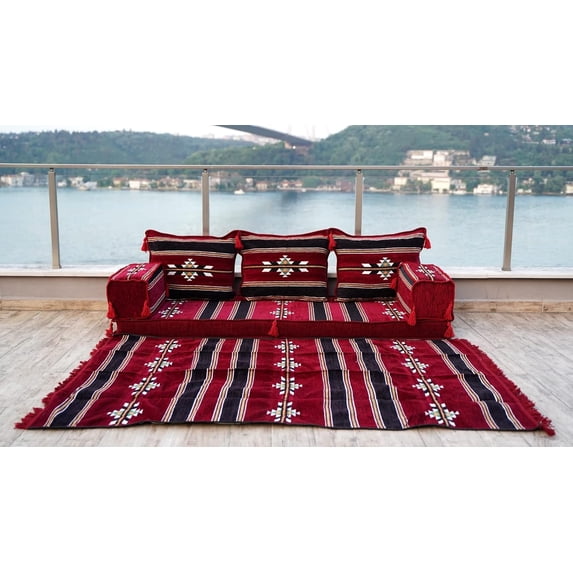 Burgundy Arabic Floor Sofa Set, Turkish Sofa, Sleeper Sofa, Floor Pillows, Couch Bed, Floor Lounger, Arabic Majlis Seating, Foldable Sofa Bed
