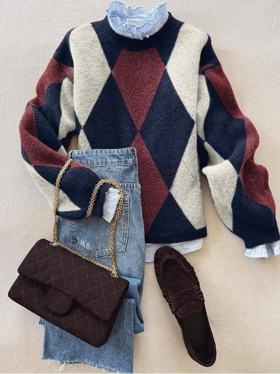 Burgundy Argyle Pattern Crew Neck Loose Knit Pullover Sweater