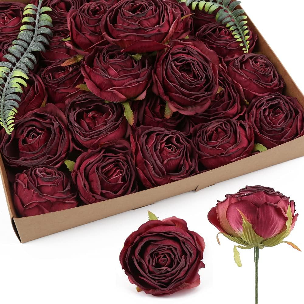 Burgundy Artificial Flowers Roses Heads, Fake Dried Roses Flowers Artificial for Decoration for Dried Floral Bouquet Bridal Party Centerpieces Bridal Bouquets for Wedding (Burgundy)