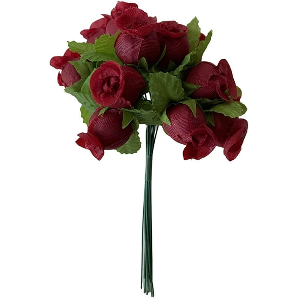 Burgundy Artificial Silk Flower Roses 12 Mini Bouquets of 12 Rosebuds