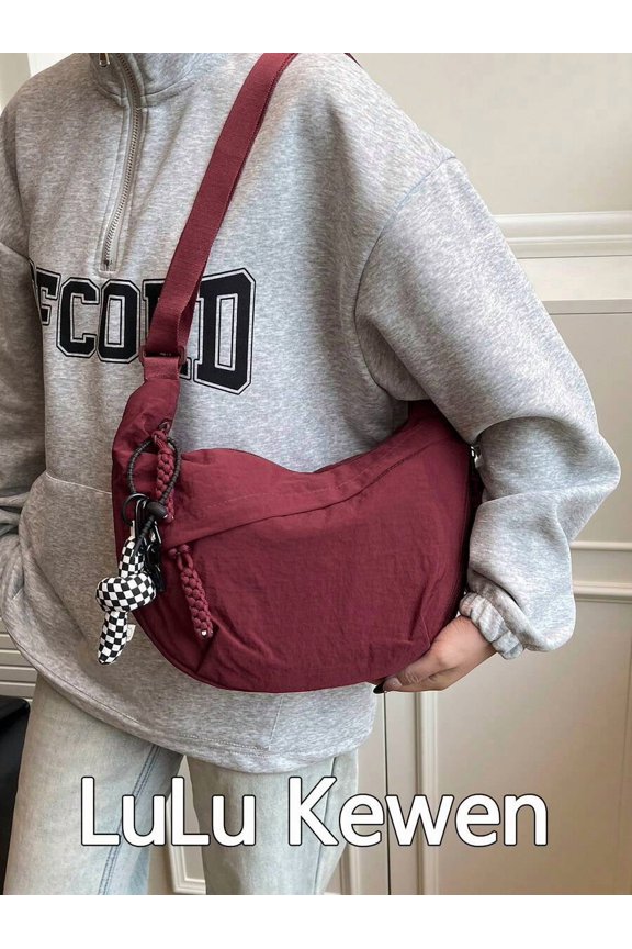 Burgundy Bag With Braided Zipper Pulls And Checkered Charm
