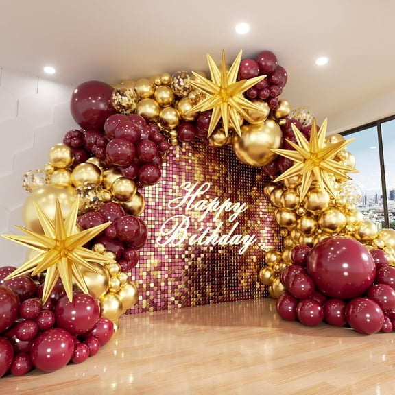 Burgundy Balloon Arch Kit, 140Pcs Maroon Gold with Stars Garland kit, Different Size Balloons for Valentines Day Birthday Anniversary Bridal Shower Wedding Party Decorations