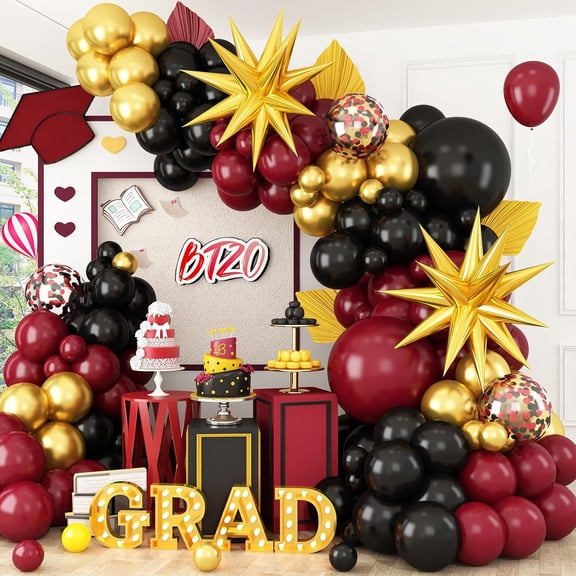 Burgundy Balloon Arch Kit, Black Red Gold Balloon Garland with Star Foil Balloons for Graduation Grad Celebrations Anniversary Wedding Decorations