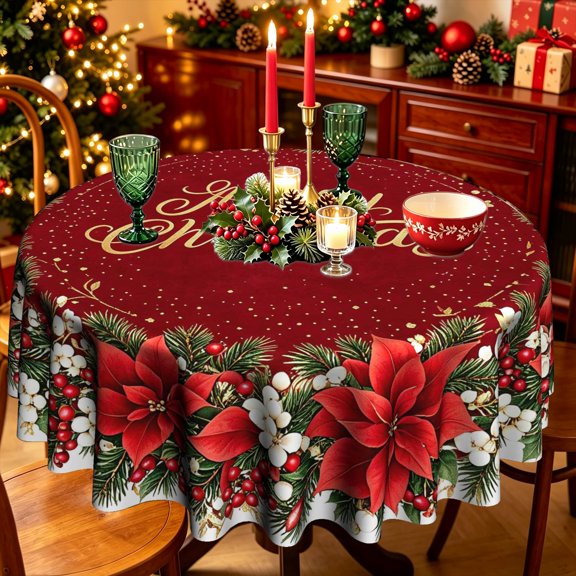 Burgundy Base Golden Cursive Merry Christmas Red Poinsettia Berry Polyester Round Tablecloth,35/50/60/70 inch,Dining Table Holiday Party Decor