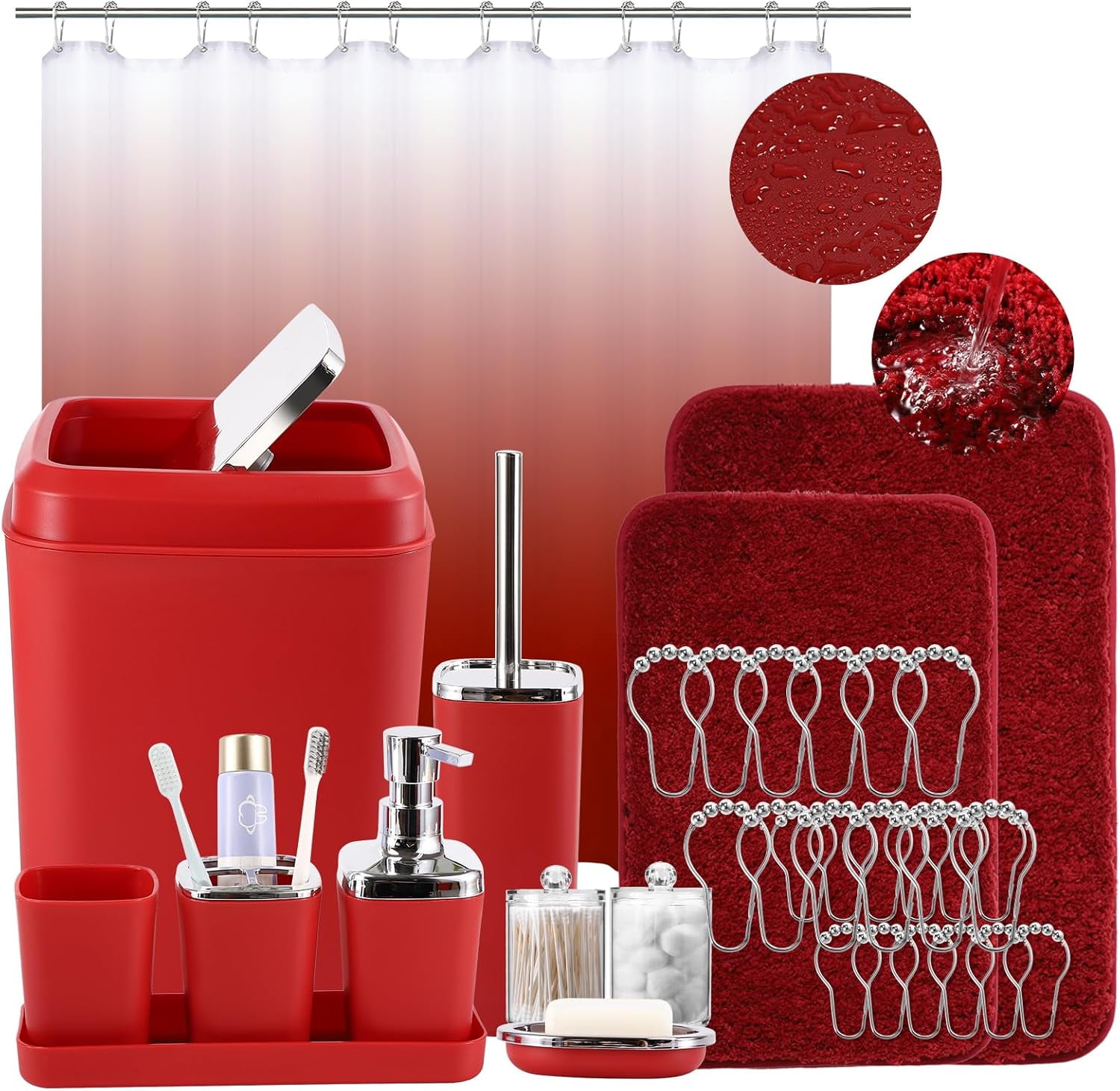 Burgundy Bathroom Accessories Set with Shower Curtain and Rugs, Dark ...