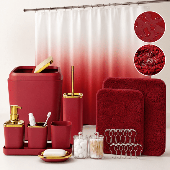 Burgundy Bathroom Set With Shower Curtain And Rugs Red