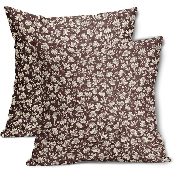 Burgundy Beige Daisy Floral Pillow Covers 18X18 Inch Vintage Flowers Decorative Pillow Cases Set of 2 Block Print Cotton Linen Throw Pillows Farmhouse Decor For Sofa Couch Porch Bed Cushion Outdoor