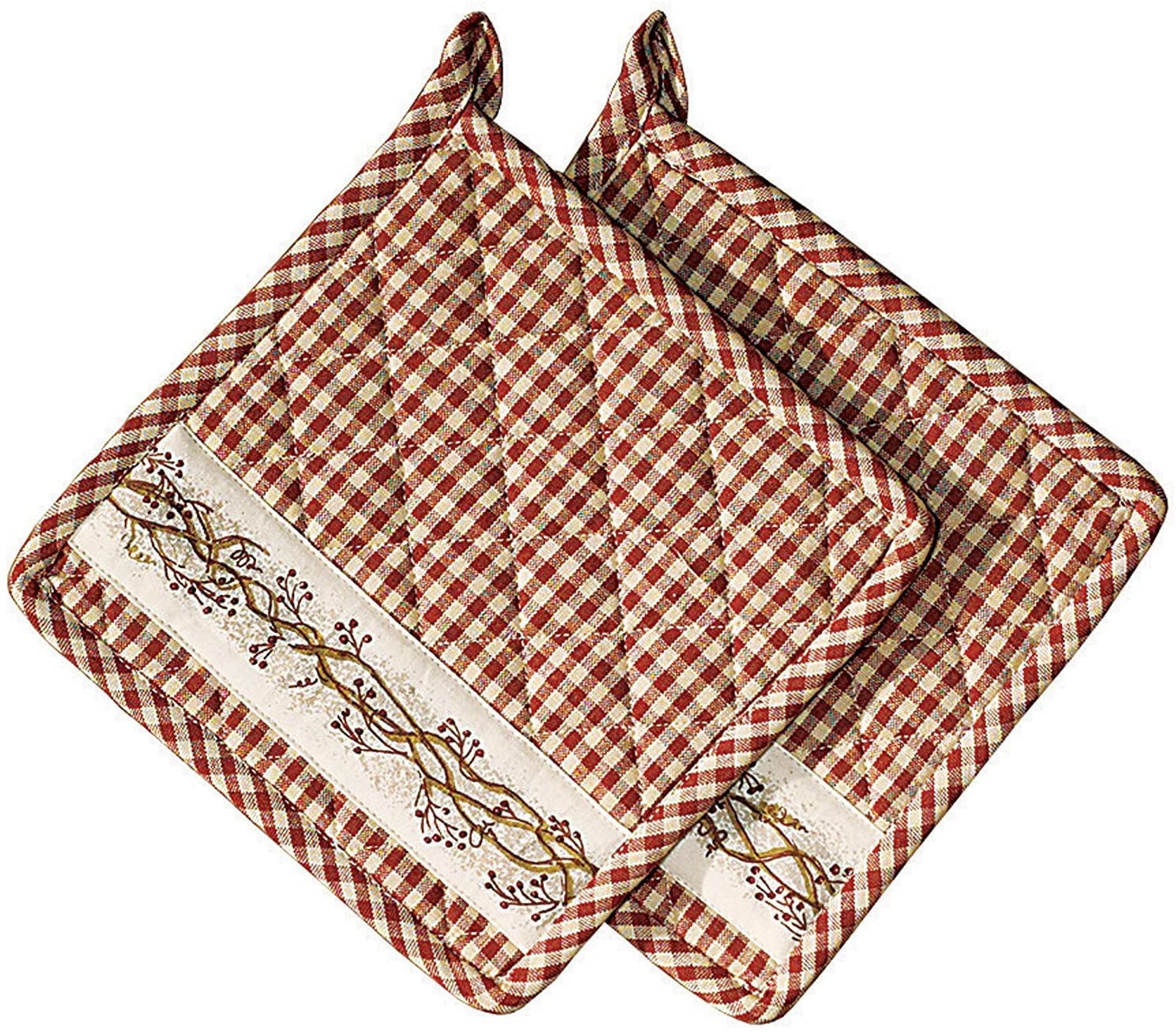 Burgundy Berry Vine on Check Plaid 8 x 8 Inch All Cotton Applique Pot