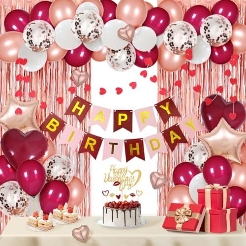 Burgundy Birthday Decorations for Women with Happy Bithday Banner, Curtains, Burgundy Heart Balloons for 16th 18th 21st 30th 40th 50th 60th Adults Birthday Party Decorations (Burgundy)