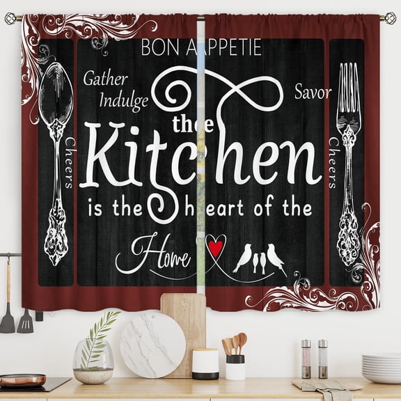 Burgundy Black Kitchen Curtains Short Small Fork and Spoon Rustic Kitchenware Retro Vintage Rod Pocket Modern Funny Quotes Bedroom Living Room Treatment Fabric 2 Panels 27.5Wx39H Inch