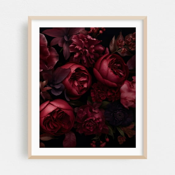 Burgundy Blooms Floral Drama II - Painting Floral Flowers Botanical Nature Garden Oak Framed Wall Art Print 6 x 8 inches