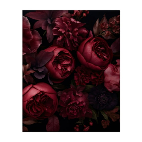 Burgundy Blooms Floral Drama II - Painting Floral Flowers Botanical Nature Garden Unframed Wall Art Print 12 x 16 inches