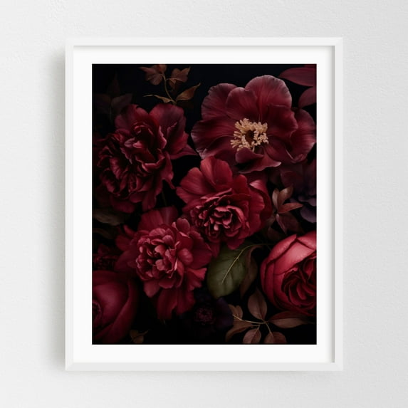 Burgundy Blooms Floral Drama - Painting Floral Flowers Botanical Nature Vintage White Framed Wall Art Print 18 x 24 inches
