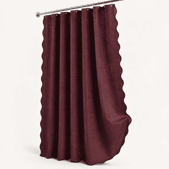Burgundy Boho Scalloped Linen Textured Cloth Shower Curtain, 72"W x 72"L, Pack of 1