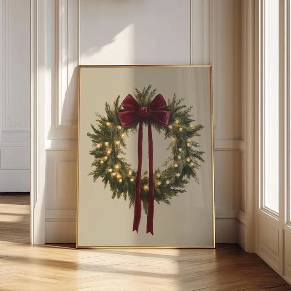 Burgundy Bow Christmas Wreath Wall Art Rustic Holiday Poster, Size 24''x36''-Gategoo