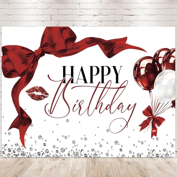 Burgundy Bow Happy Birthday Backdrop Red White Balloons Coquette Birthday Photography Background for Women Girls Diamond Bachelorette Birthday Party Decorations Banner Photo Booth Props