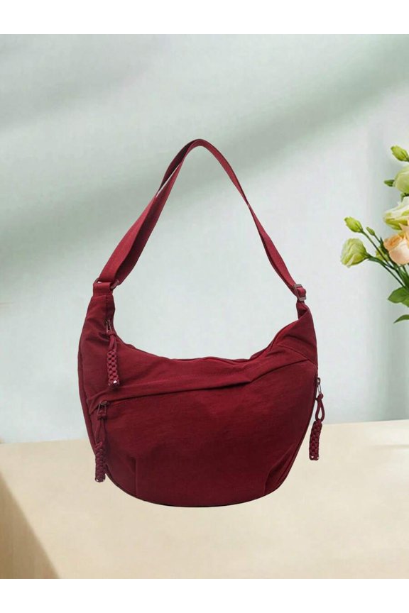 Burgundy Braided Tassel Crossbody Bag With Zippered Pockets Lightweight