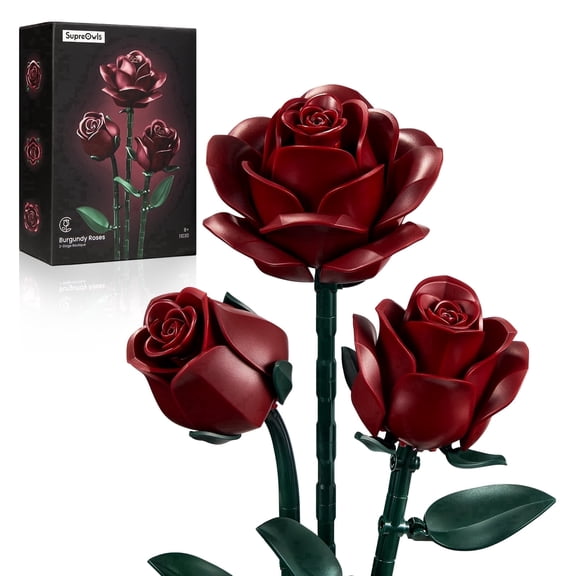 SupreOwls Burgundy Rose Building Block Sets, Botanical Flower Kit for Adults, 152 Pcs, Abs Plastic Artificial Flower, Gothic Home Decor