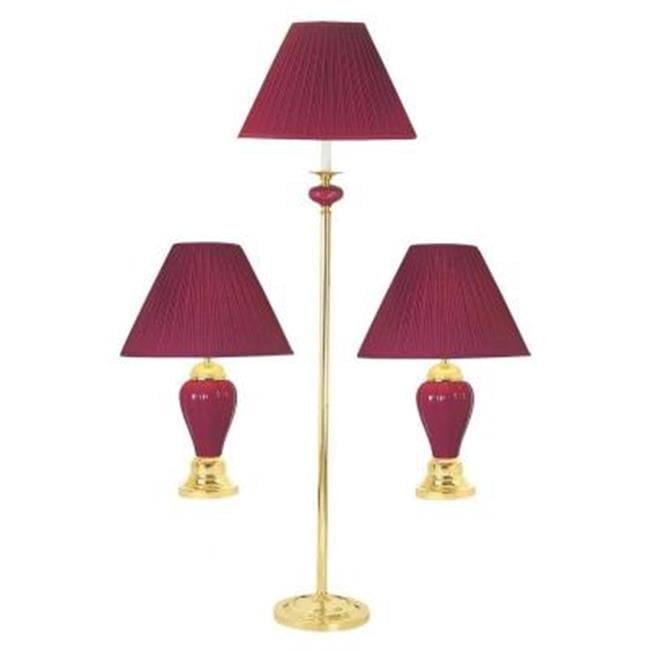 Burgundy Ceramic & Brass Table Plus Floor Lamp, Set Of 3