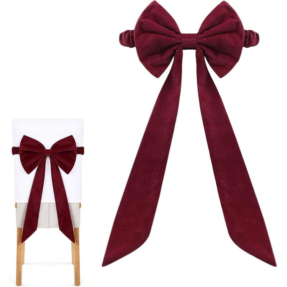 Burgundy Chair Sashes Christmas Red Chair Bows for Chairs 11.8” x 29.5“ Elastic Burgundy Velvet Sashes Chairs Bows for Christmas Banquet Home Wedding Events Holiday Event Decor Banquets Party (4)