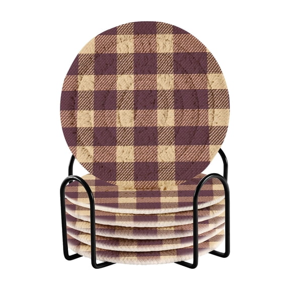 Burgundy Checkered Pattern Bar Coasters 6 Pack Braided Coasters with Holder Absorbent Heat Resistant