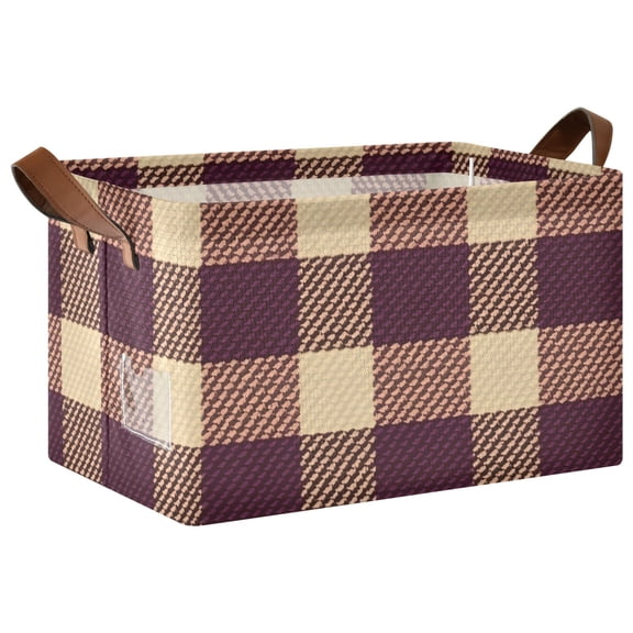Burgundy Checkered Pattern Collapsible Storage Bin Open Home Shelf Basket Water-Resistant Iron Frame Large