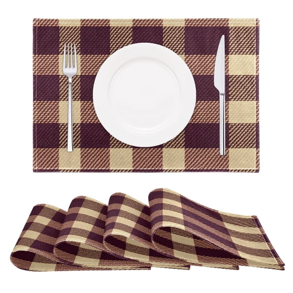 Burgundy Checkered Pattern Placemats Set of 4 18x12in Reversible Rustic Linen Texture Dining Table Mat