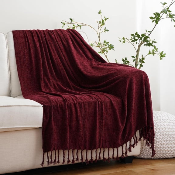 Burgundy Chenille Throw Blanket, Decorative Red Knit Throw with Fringe, Lightweight for Christmas Decor, 50"x60"