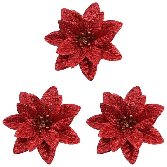 Burgundy Christmas Poinsettia Artificial Flowers, Shining Glitter Artificial Flower for Xmas Tree, 3.54" Poinsettia Glitter Ornament, Xmas Tree Decoration, Christmas Tree Hanging Flower, Party Decor