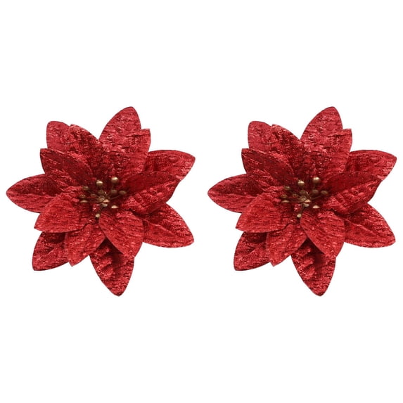Burgundy Christmas Poinsettia Artificial Flowers, Shining Glitter Artificial Flower for Xmas Tree, 3.54" Poinsettia Glitter Ornament, Xmas Tree Decoration, Christmas Tree Hanging Flower, Party Decor