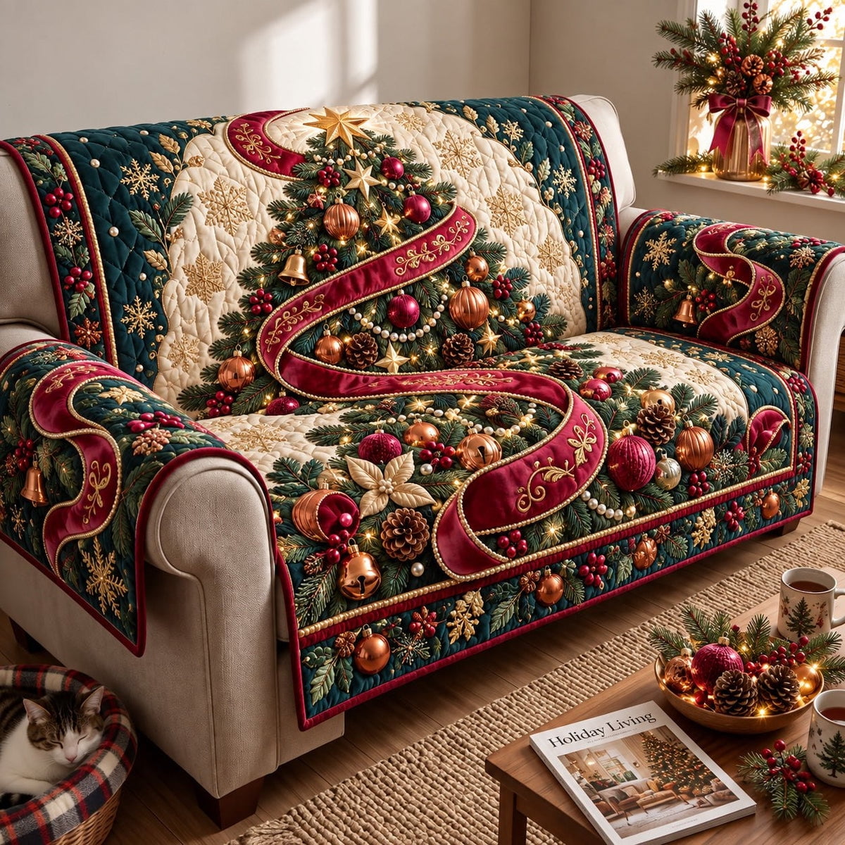 Burgundy Christmas Ribbon Quilted Sofa Cover - Walmart.com