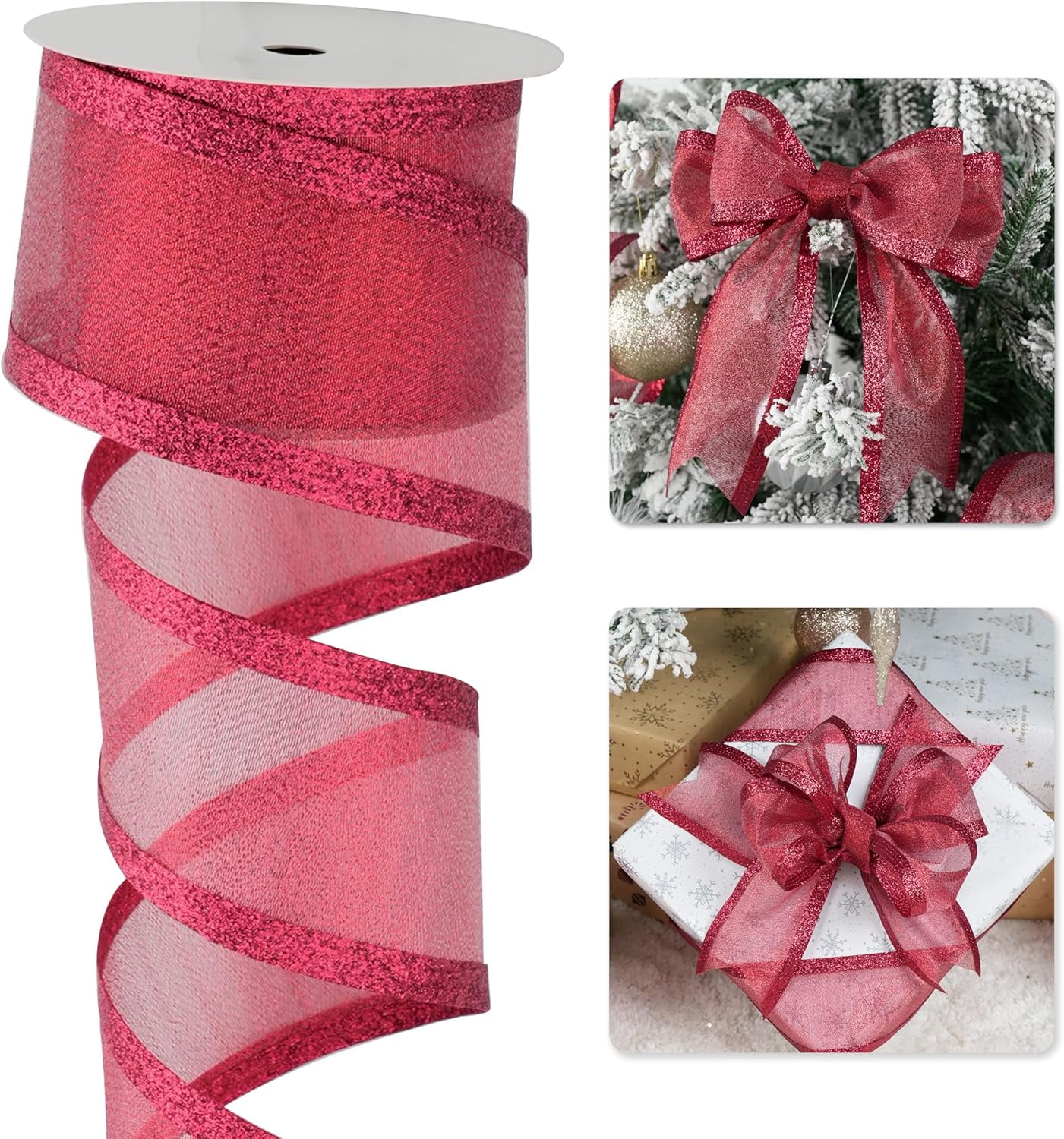 Burgundy Christmas Ribbon Wired 2.5 Inch Metallic Red Wired Ribbon with Glitter Stripe, Maroon Ribbon for Christmas Tree, Wreaths Supplies, Swag, Garland, Holiday Decor - 10 Yards