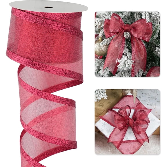 Burgundy Christmas Ribbon Wired 2.5 Inch Metallic Red Wired Ribbon with Glitter Stripe, Maroon Ribbon for Christmas Tree, Wreaths Supplies, Swag, Garland, Holiday Decor - 10 Yards