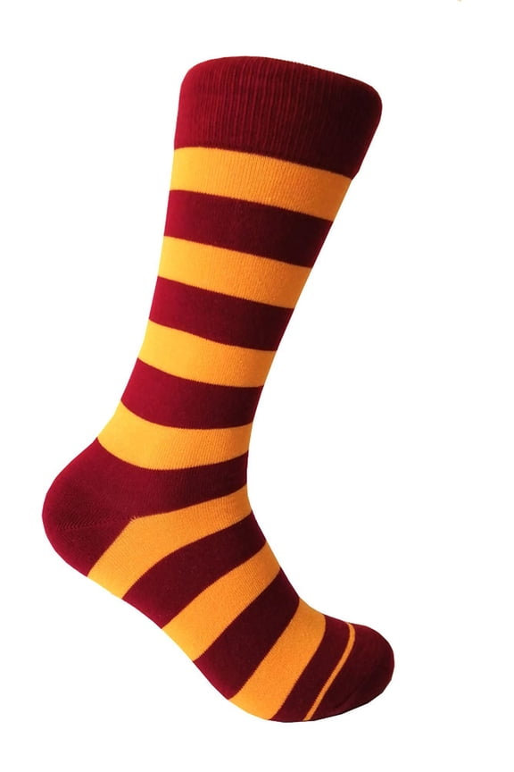 Burgundy(Claret/Sangria/Maroon/Wine) with Gold Yellow Color Mid-calf Stripes(Zebra Stripes) Dress Casual Socks for Men