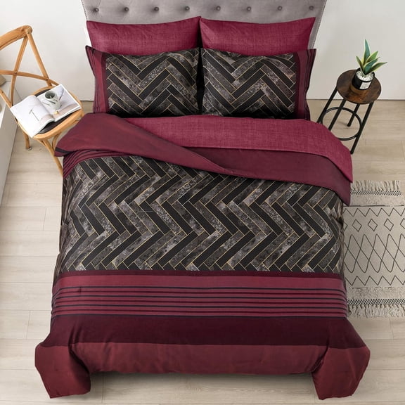 Burgundy Comforter Set Queen Size 7 Pieces Red Black Stripe Bed in a Bag Geometric Soft Microfiber Complete Bedding Sets for All Seasons