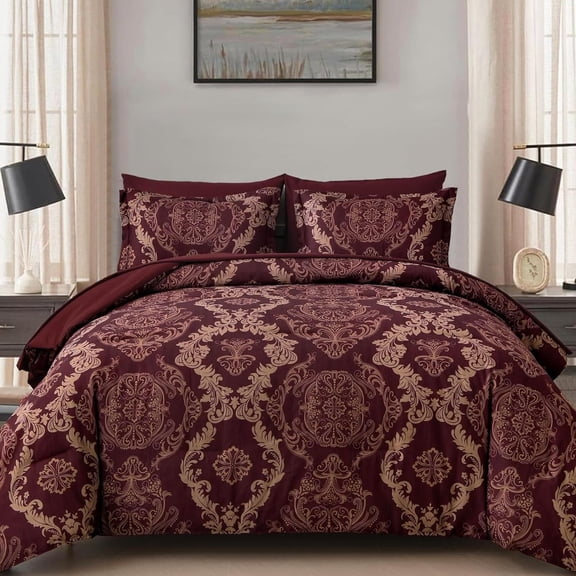 Burgundy Comforter Set Queen Size Maroon Damask Texture 7 Pieces Bed in a Bag Bedding Sets for All Season