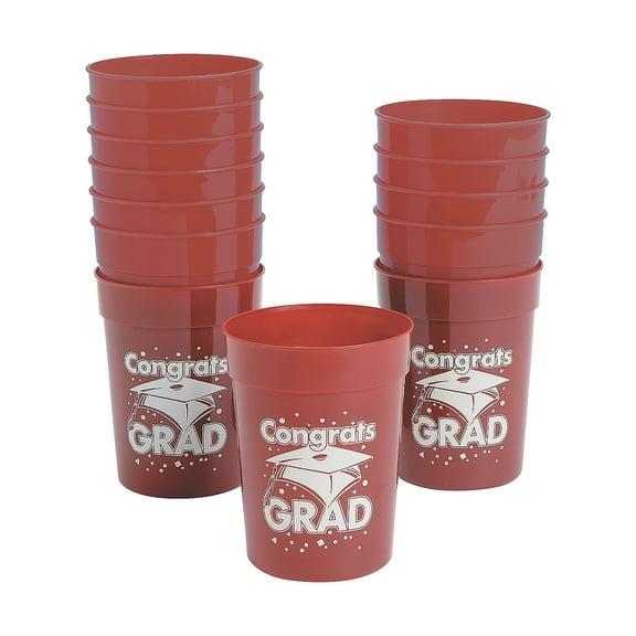 Burgundy "Congrats Grad" Plastic Cup - Party Supplies - 12 Pieces